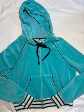 Y2K Aqua Light Blue Velour Zip Up Hooded Track Jacket 2000s Style Sporty Stripe